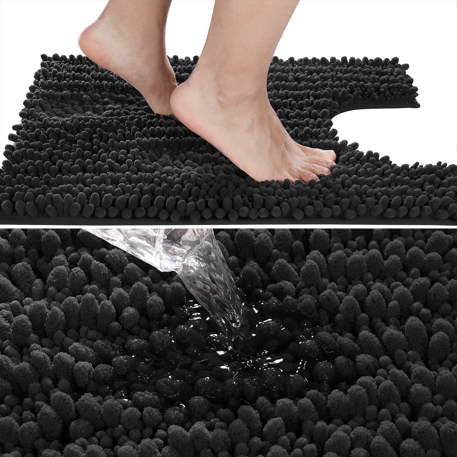Yimobra Luxury Shaggy Toilet Bath Mat U-Shaped Contour Rugs for Bathroom  24.4 X 20.5 Inches  Soft and Comfortable  Maximum Absorbent  Dry Quickly  Non-Slip  Machine-Washable  Black